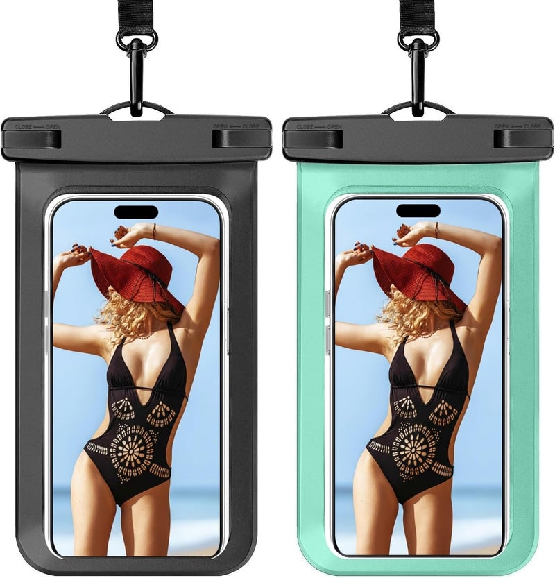 Woyinger 2 Pack Waterproof Phone Pouch, Waterproof Beach Bag Compatible for iPhone 17 16 15 14 13 12 Pro Max, IPX8 Cellphone Travel Essentials for Beach, Black & Green - 8.3" - Image 1